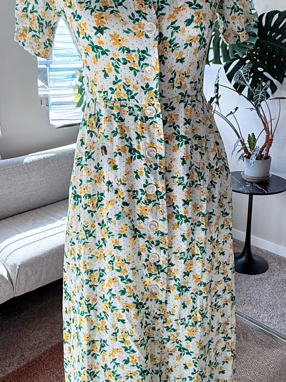 Urban Outfitters Mila Button-Front Floral Midi Dress in Yellow & Green